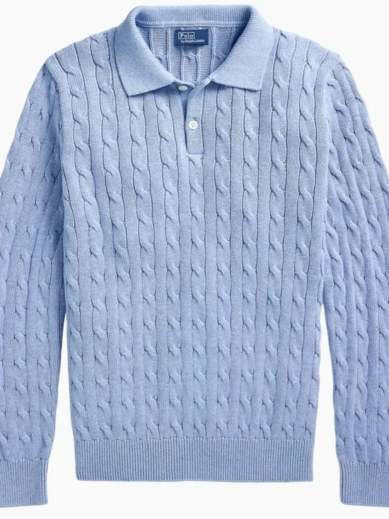 Ralph Lauren Light Blue Cable-Knit Polo Sweater 100% Cotton - Picture 2 of 5